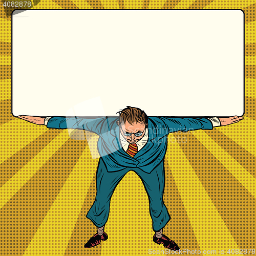 Image of retro businessman holding a heavy banner