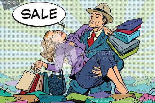 Image of Retro man rescues a woman from sales and purchases