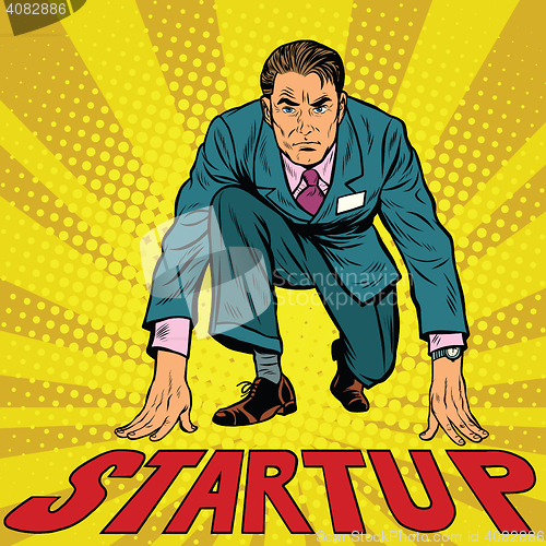 Image of Startup retro businessman on starting line