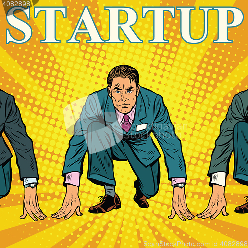 Image of Startup retro businessman on the starting line with competitors