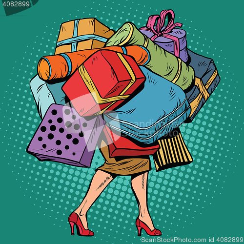 Image of Woman and a lot of holiday shopping, sales discounts