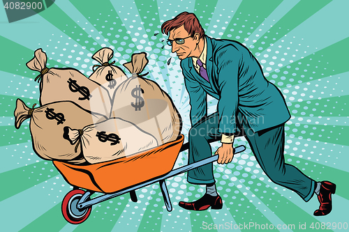 Image of Businessman wheel heavy garden cart with money