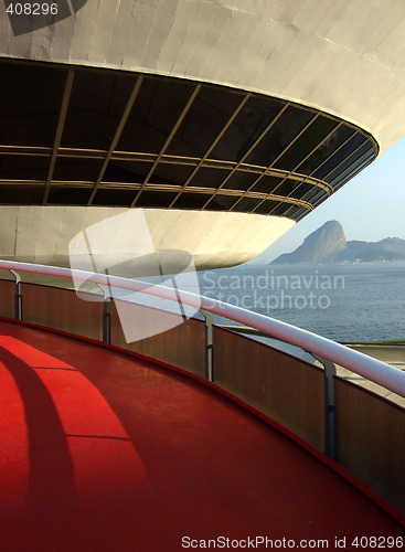 Image of Oscar Niemeyer’s Niterói Contemporary Art Museum with Sugar Loaf, in Rio de Janeiro, Brazil