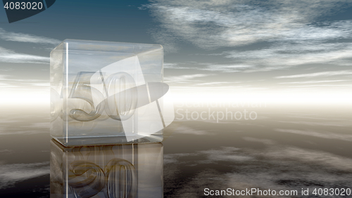 Image of number fifty in glass cube under cloudy sky - 3d rendering