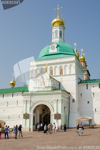 Image of Sergiev Posad - August 10, 2015: View of the main entrance to the holy gate at Holy Trinity St. Sergius Lavra