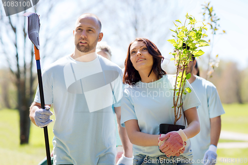 Image of group of volunteers with trees and rake in park