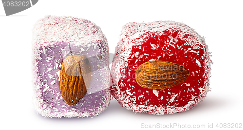 Image of Two pieces of Turkish Delight with almonds beside