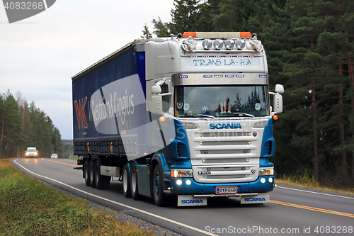 Image of Scania R500 Semi Trailer Truck Trans La-Ka on the Road