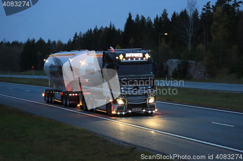 Image of Mercedes-Benz Actros Tank Truck Lights in Darkness