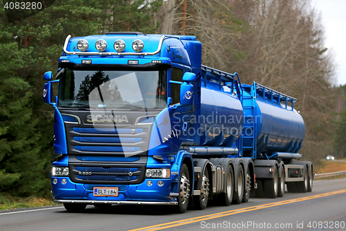 Image of Blue Scania R580 Double Tanker on the Road