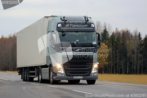 Image of Green Volvo FH Transport Truck with Main Beams
