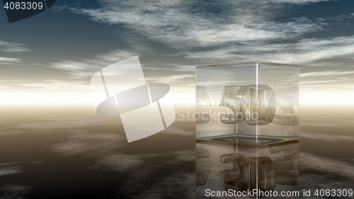 Image of number fifty in glass cube under cloudy sky - 3d rendering