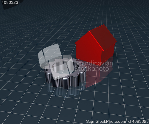 Image of house model and gear wheel - 3d rendering