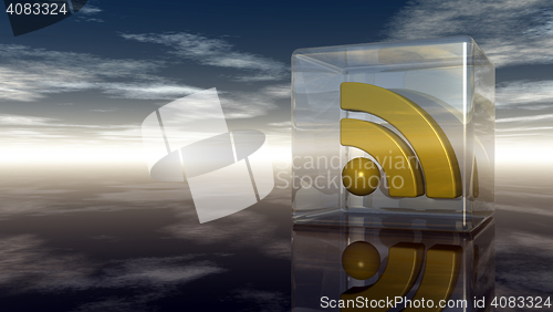 Image of rss symbol in glass cube under cloudy blue sky - 3d illustration