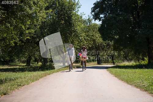 Image of Young multiethnic couple having a bike ride in nature