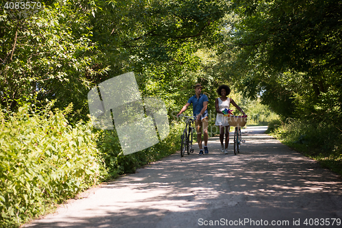 Image of Young multiethnic couple having a bike ride in nature