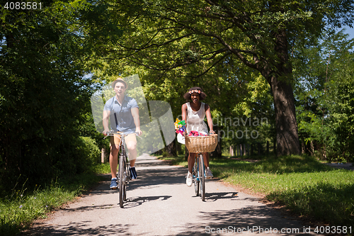 Image of Young multiethnic couple having a bike ride in nature
