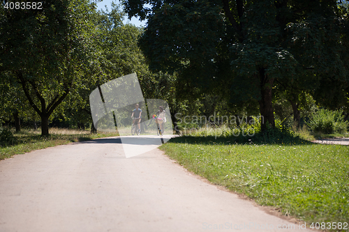 Image of Young multiethnic couple having a bike ride in nature
