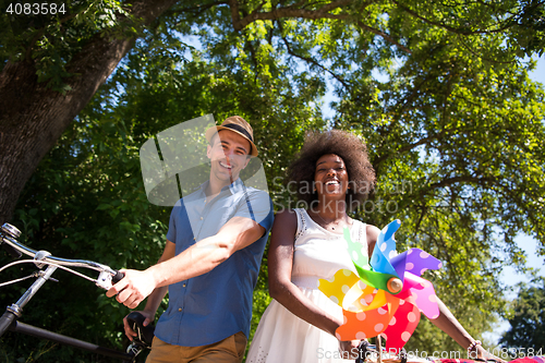 Image of Young multiethnic couple having a bike ride in nature