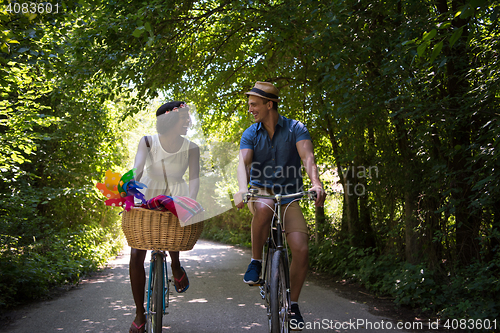 Image of Young multiethnic couple having a bike ride in nature