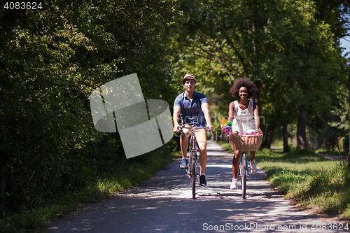 Image of Young multiethnic couple having a bike ride in nature