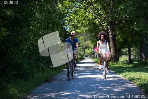 Image of Young multiethnic couple having a bike ride in nature