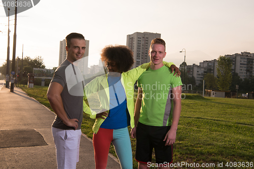 Image of portrait multiethnic group of people on the jogging