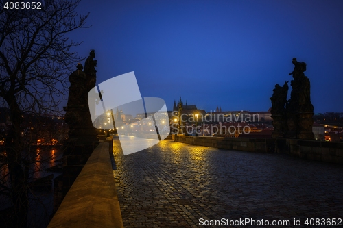 Image of Charles Bridge in Prague at dawn Czech Republic