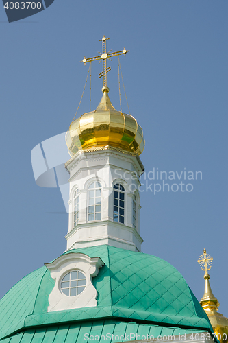 Image of Sergiev Posad - August 10, 2015: View of the dome of the tower over the main entrance to the holy gate at Holy Trinity St. Sergius Lavra