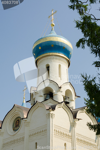 Image of Sergiev Posad - August 10, 2015: view of the dome and bell tower Spirit temple of the Holy Trinity St. Sergius Lavra