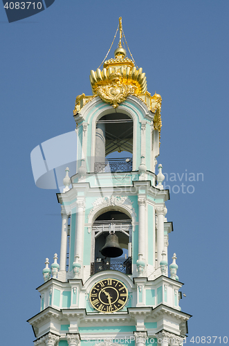 Image of Sergiev Posad - August 10, 2015: View of the bell tower of the clock and the bells of Holy Trinity Sergius Lavra