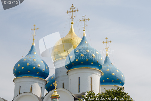 Image of Sergiev Posad - August 10, 2015: Domes of the Assumption Cathedral of the Trinity-Sergius Lavra