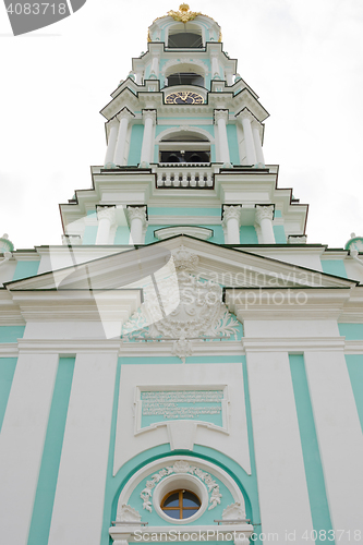 Image of Sergiev Posad - August 10, 2015: Bottom view of the main entrance on the upper part of the bell tower of the Trinity-Sergius Lavra