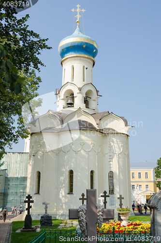 Image of Sergiev Posad - August 10, 2015: View of the front of the grave Spirit temple of the Holy Trinity St. Sergius Lavra