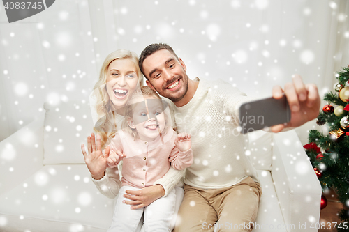 Image of family taking selfie with smartphone at christmas