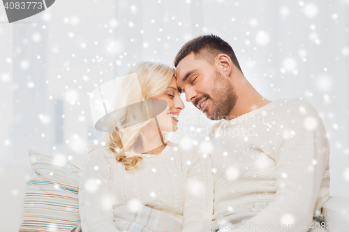 Image of happy couple covered with plaid on sofa at home