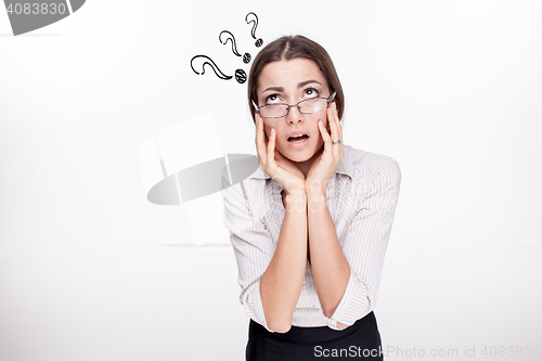 Image of thinking women with question mark on white background