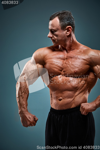 Image of torso of attractive male body builder on gray background.