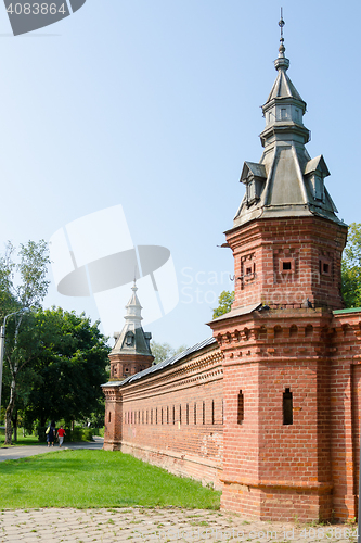Image of Sergiev Posad - August 10, 2015: the Red wall extending from the retail shops around pafnutevskigo garden at the Trinity-Sergius Lavra