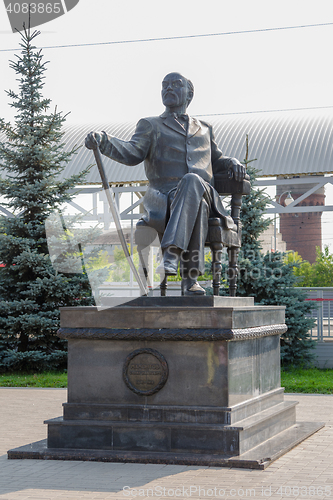 Image of Sergiev Posad - August 10, 2015: Monument to the great Russian art patron Savva Mamontov in the forecourt of the city of Sergiev Posad near Moscow