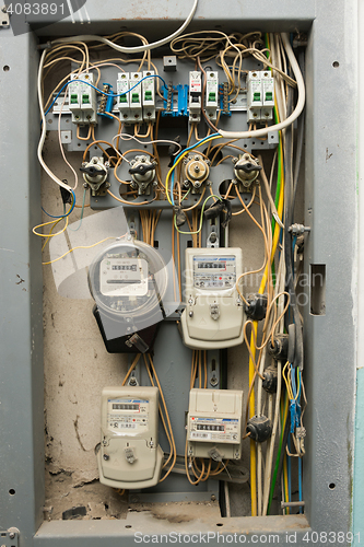 Image of Volgograd, Russia - October 10, 2016: Electrical panels with electricity meters, installed on the floor of a multistory apartment building