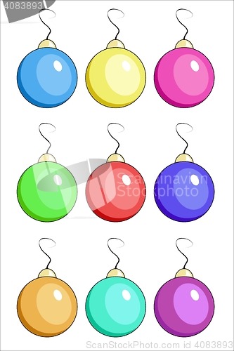 Image of Illustration of nine Christmas balls of different colors