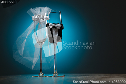 Image of Two wineglass with special decoration for wedding ceremony