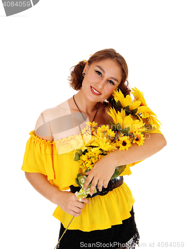 Image of Beautiful woman with sunflowers.