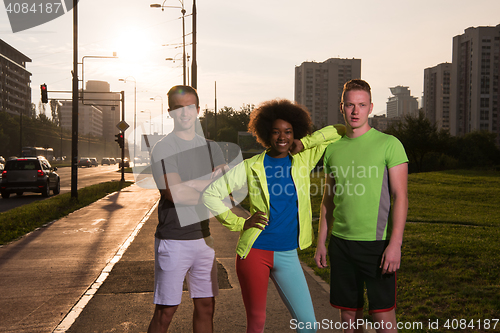 Image of portrait multiethnic group of people on the jogging