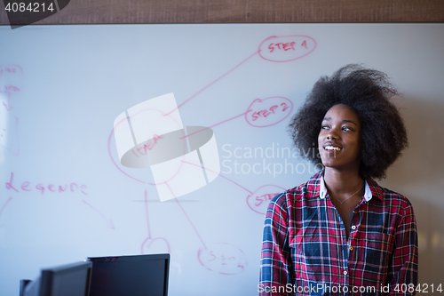 Image of African American woman writing on a chalkboard in a modern offic