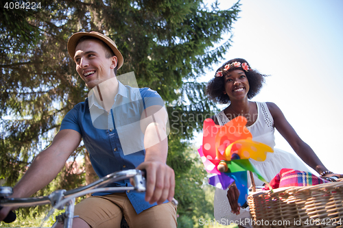 Image of Young multiethnic couple having a bike ride in nature