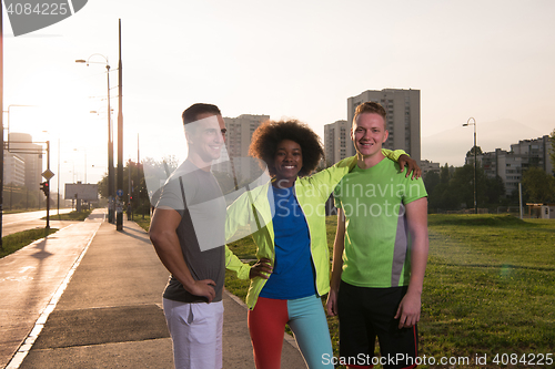 Image of portrait multiethnic group of people on the jogging