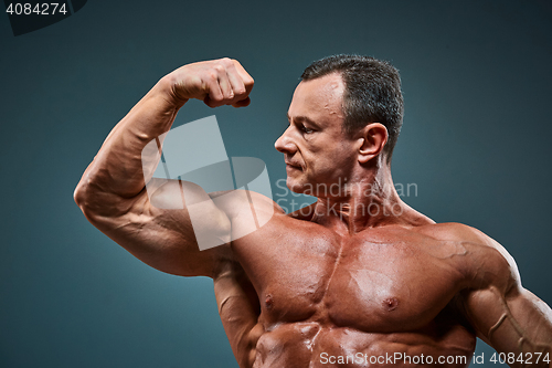 Image of torso of attractive male body builder on gray background.