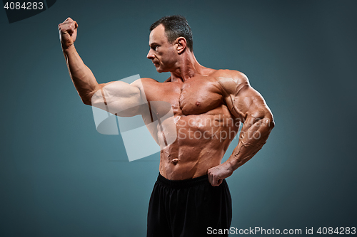 Image of torso of attractive male body builder on gray background.